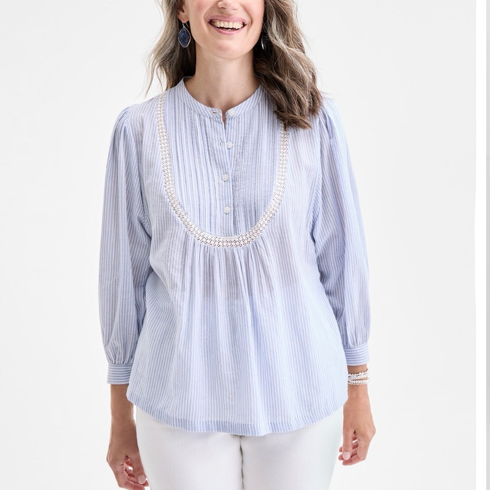 EUC, STYLE & COMPANY 100% COTTON BLUE & WHITE STRIPE TUNIC TOP W/LACE DETAIL L